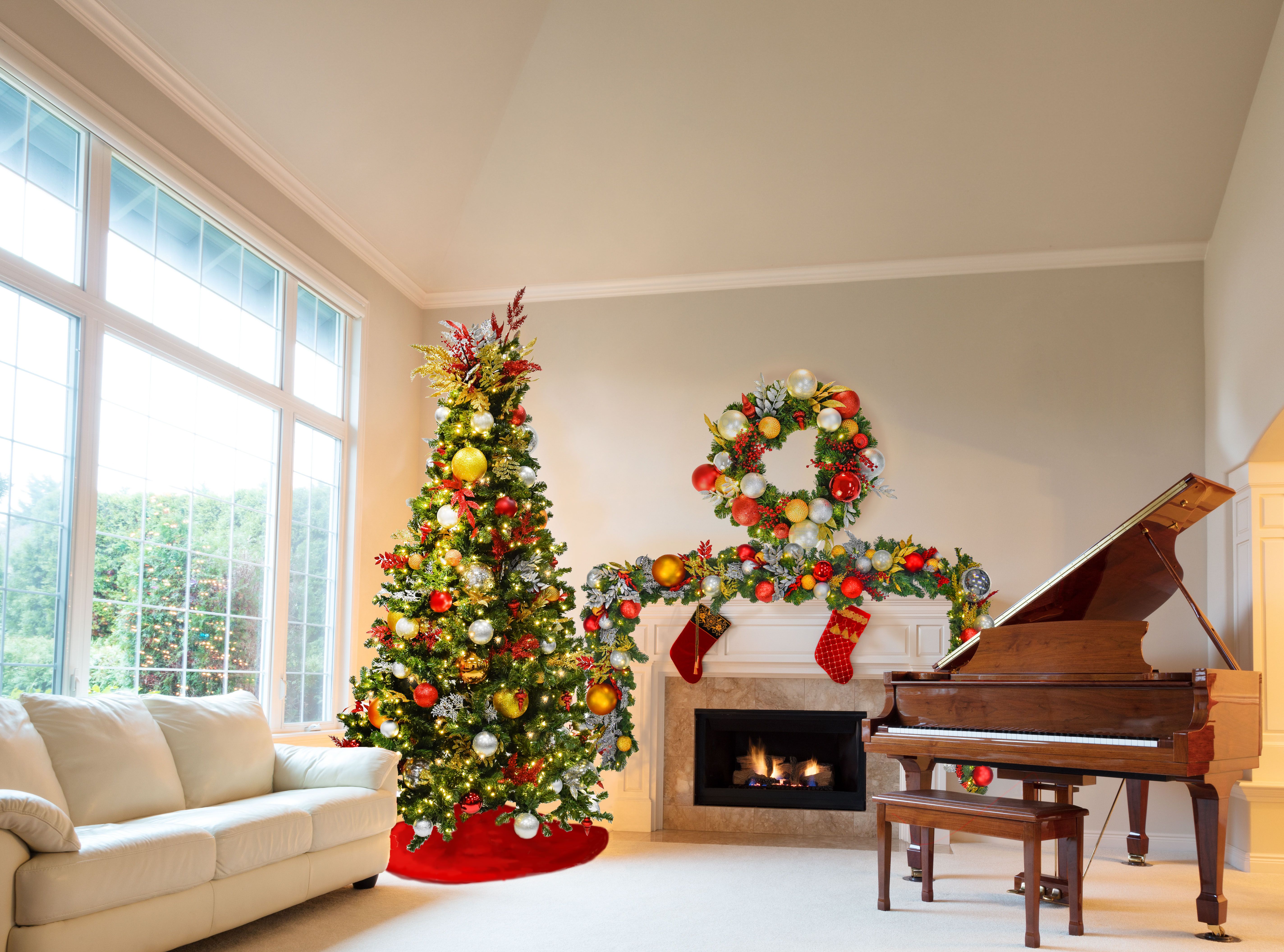 Festive Favorites pre-decorated Christmas greenery in living room