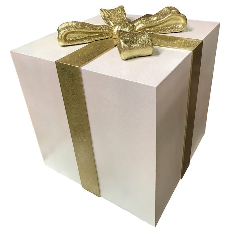 Oversized fiberglass gift box with bow in glitter finish
