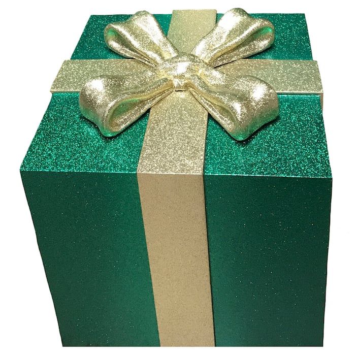 Oversized fiberglass gift box in green and gold glitter paint