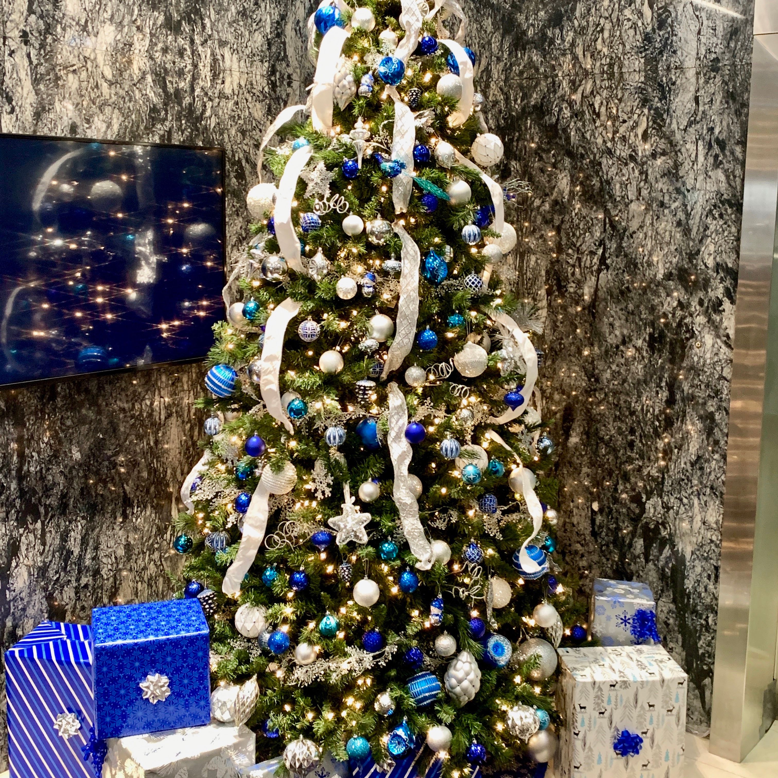 Decorated Christmas tree in building lobby