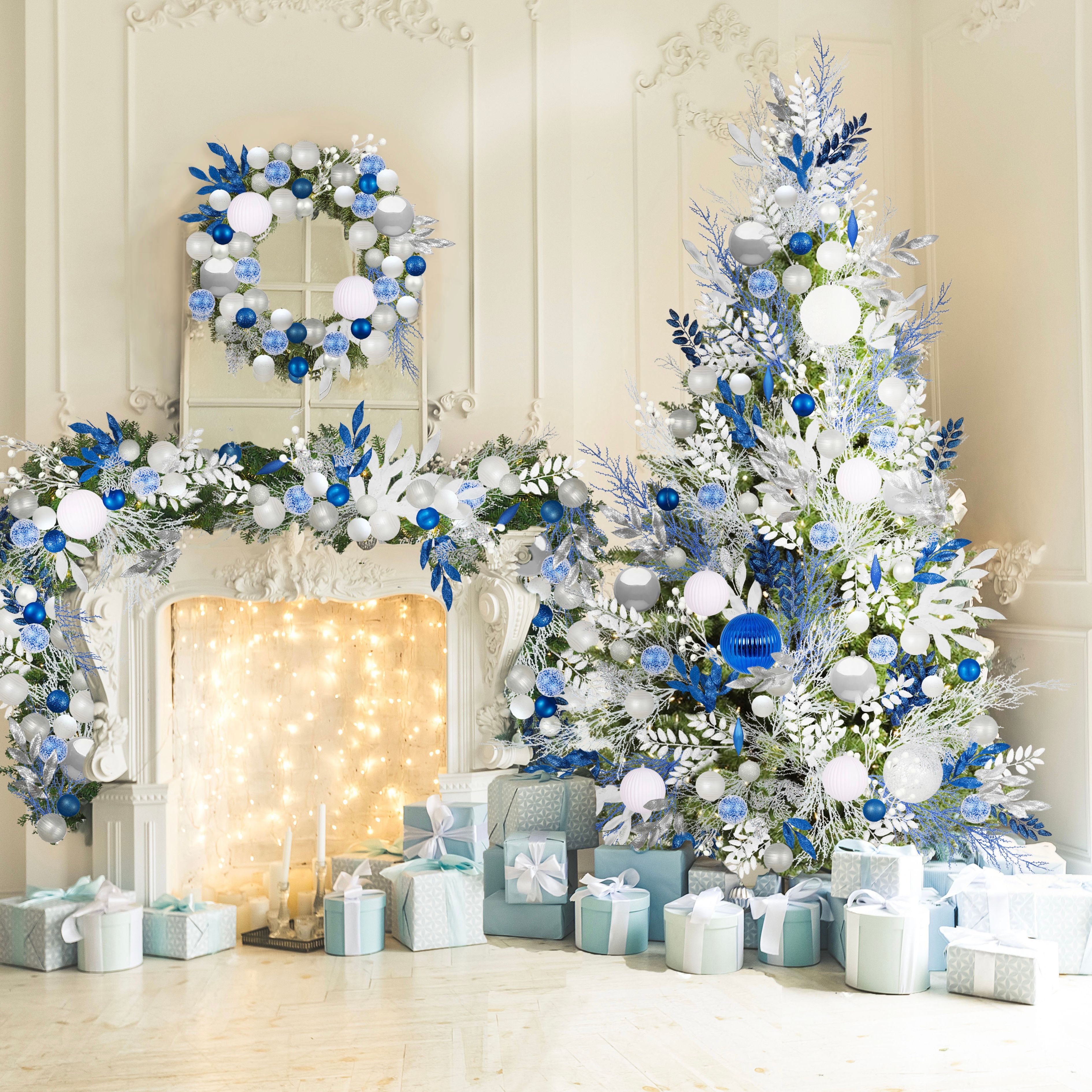 Blue, Silver, & White Christmas tree in modern living room 