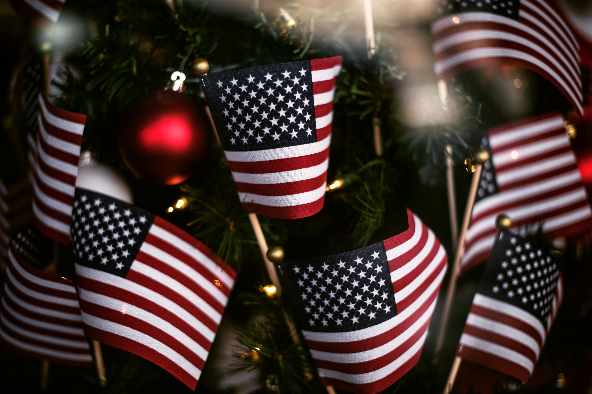 Mini American flags in Christmas tree