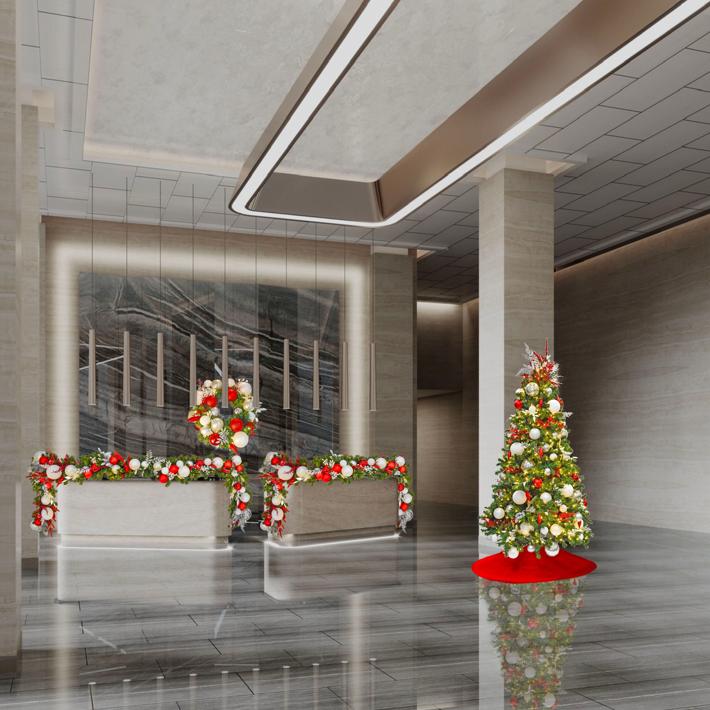 Red, Silver, & White Christmas tree in lobby 