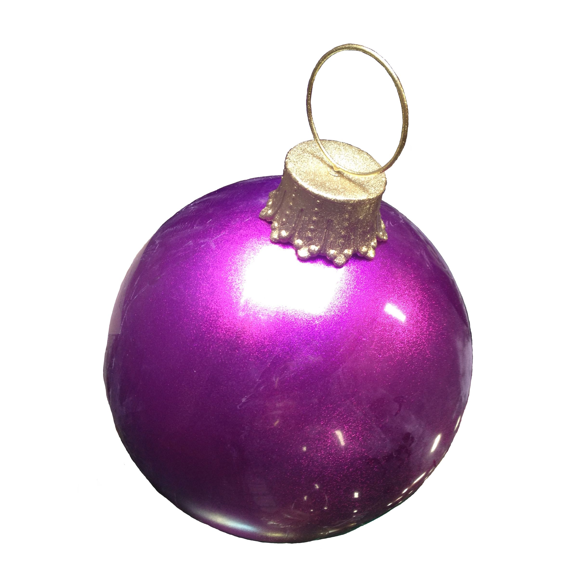 Oversized fiberglass ball ornament in purple glitter paint
