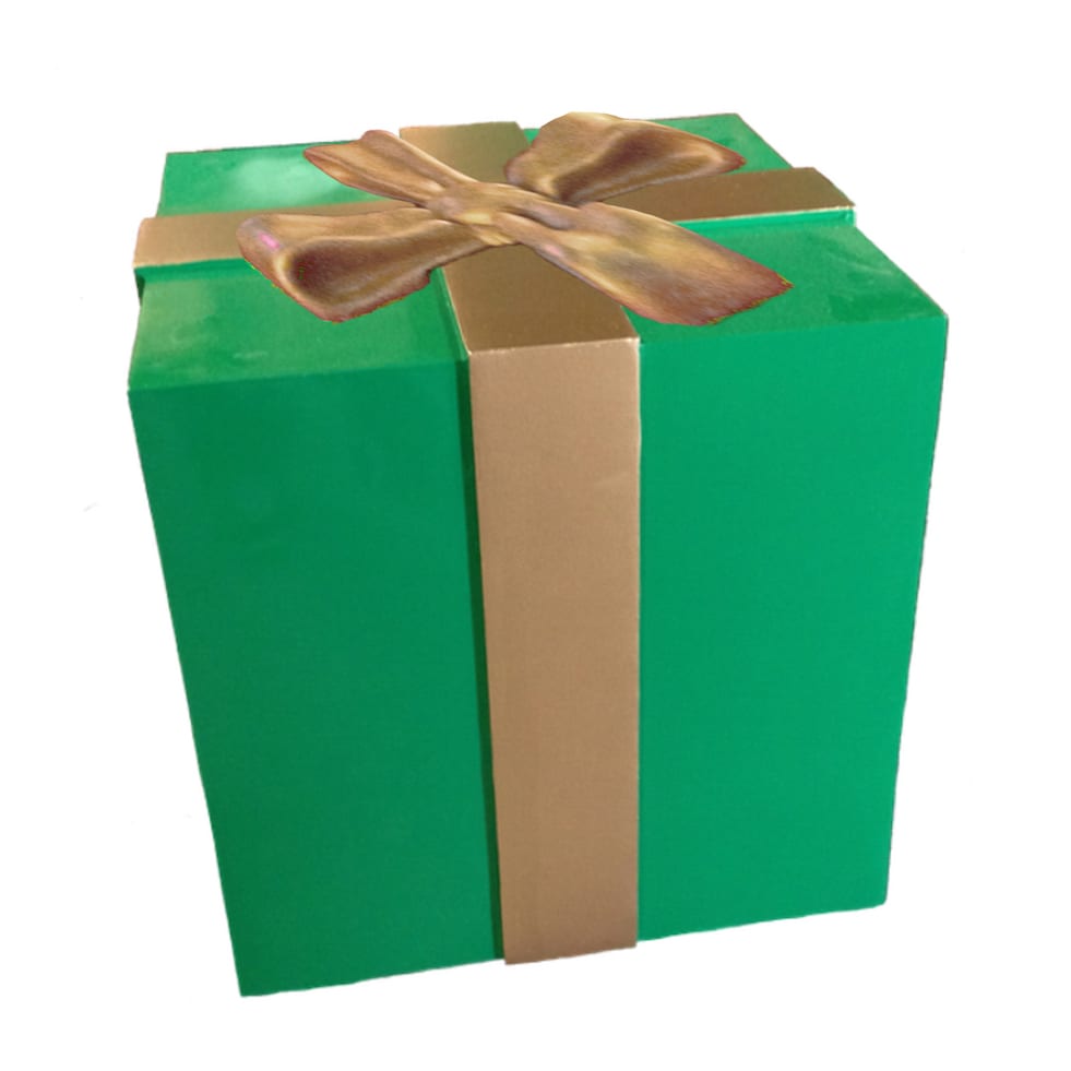 Oversized fiberglass gift box in green and gold matte paint
