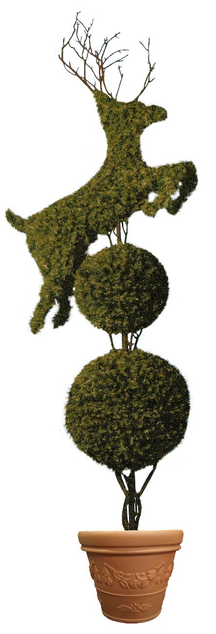 Deer on double ball Christmas topiary in ceramic pot