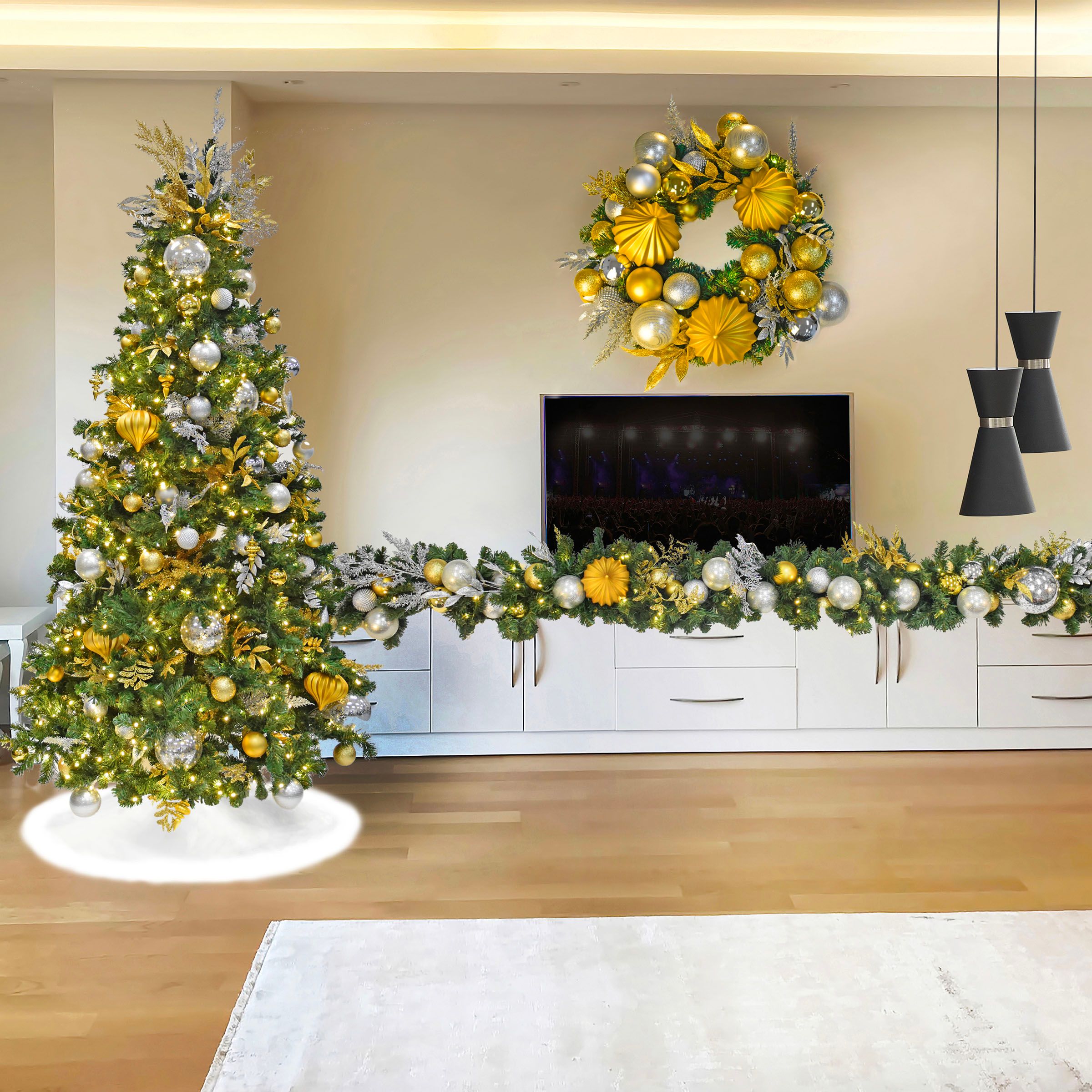 Gold & Silver Christmas tree in modern living room 