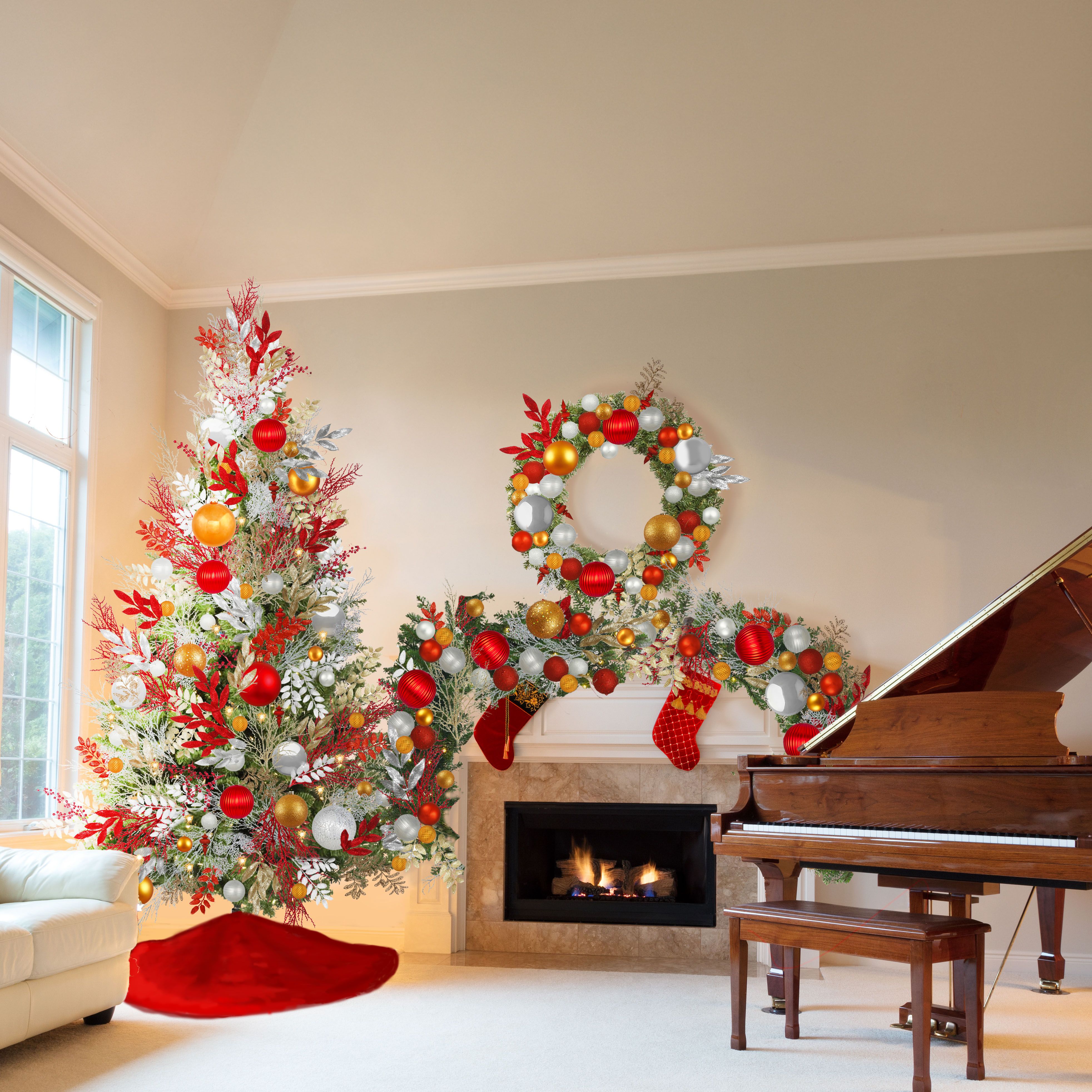 Festive Favorites pre-decorated Christmas greenery in living room