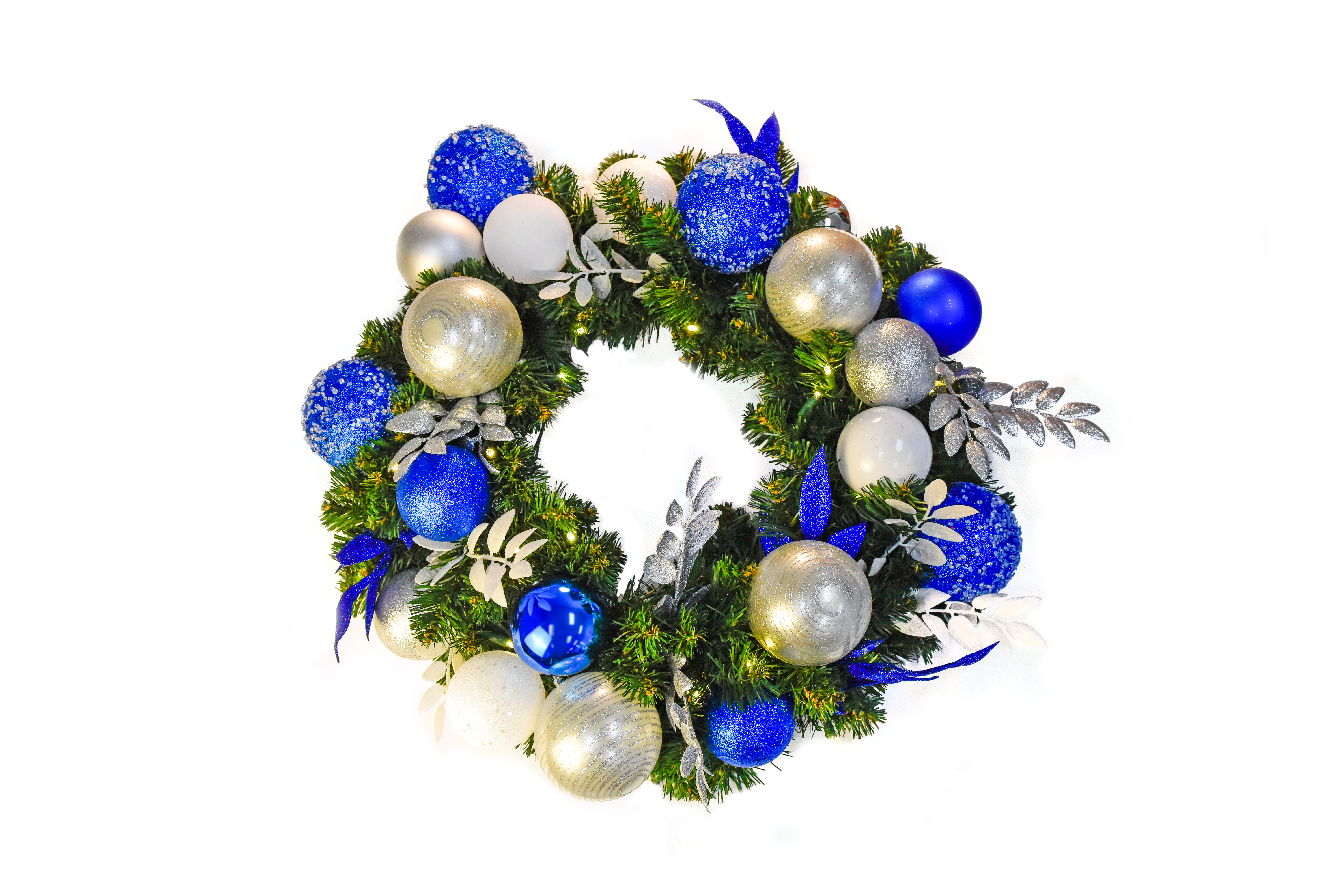 Blue, silver, & white pre-decorated Christmas wreath