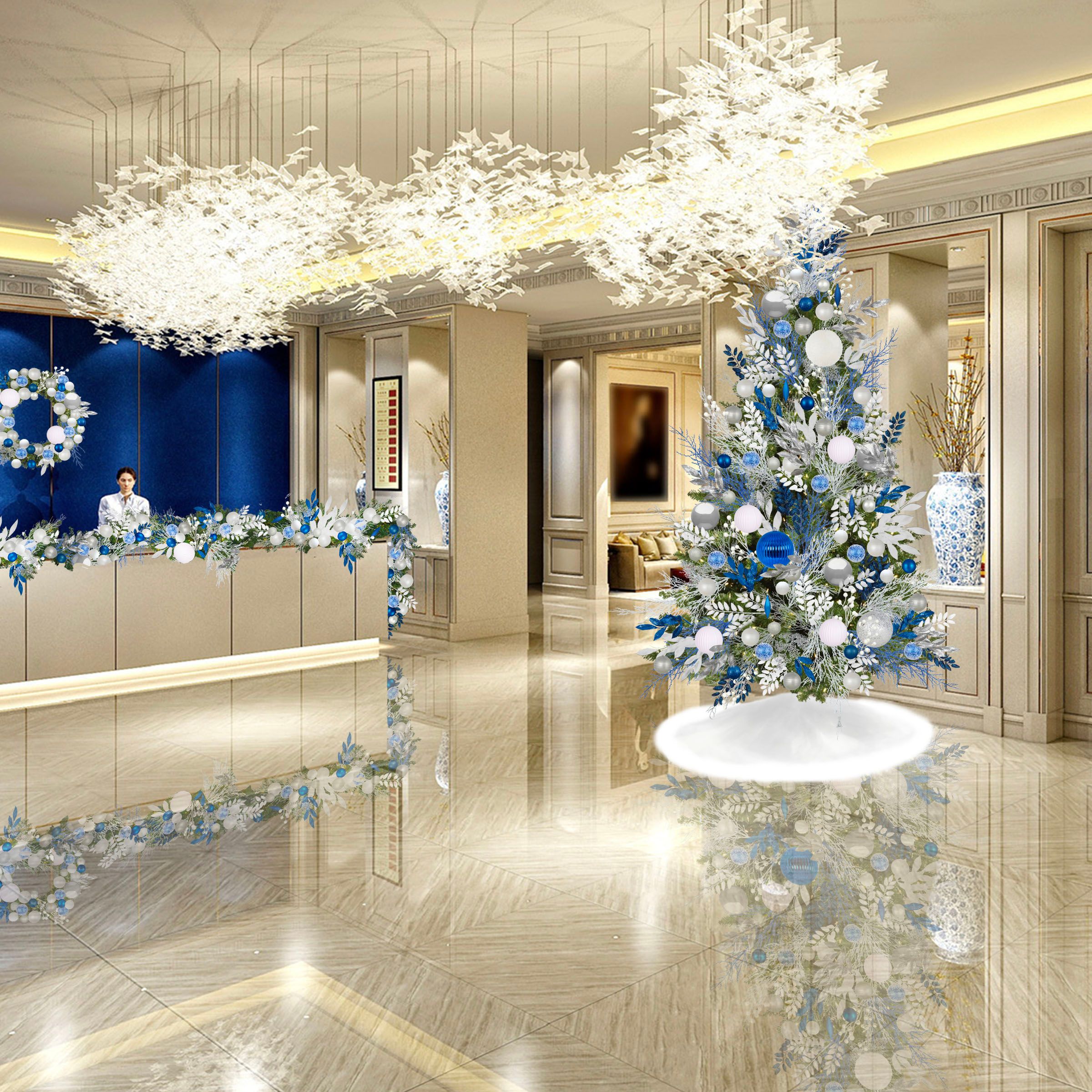 Blue, Silver, & White Christmas tree in corporate lobby 