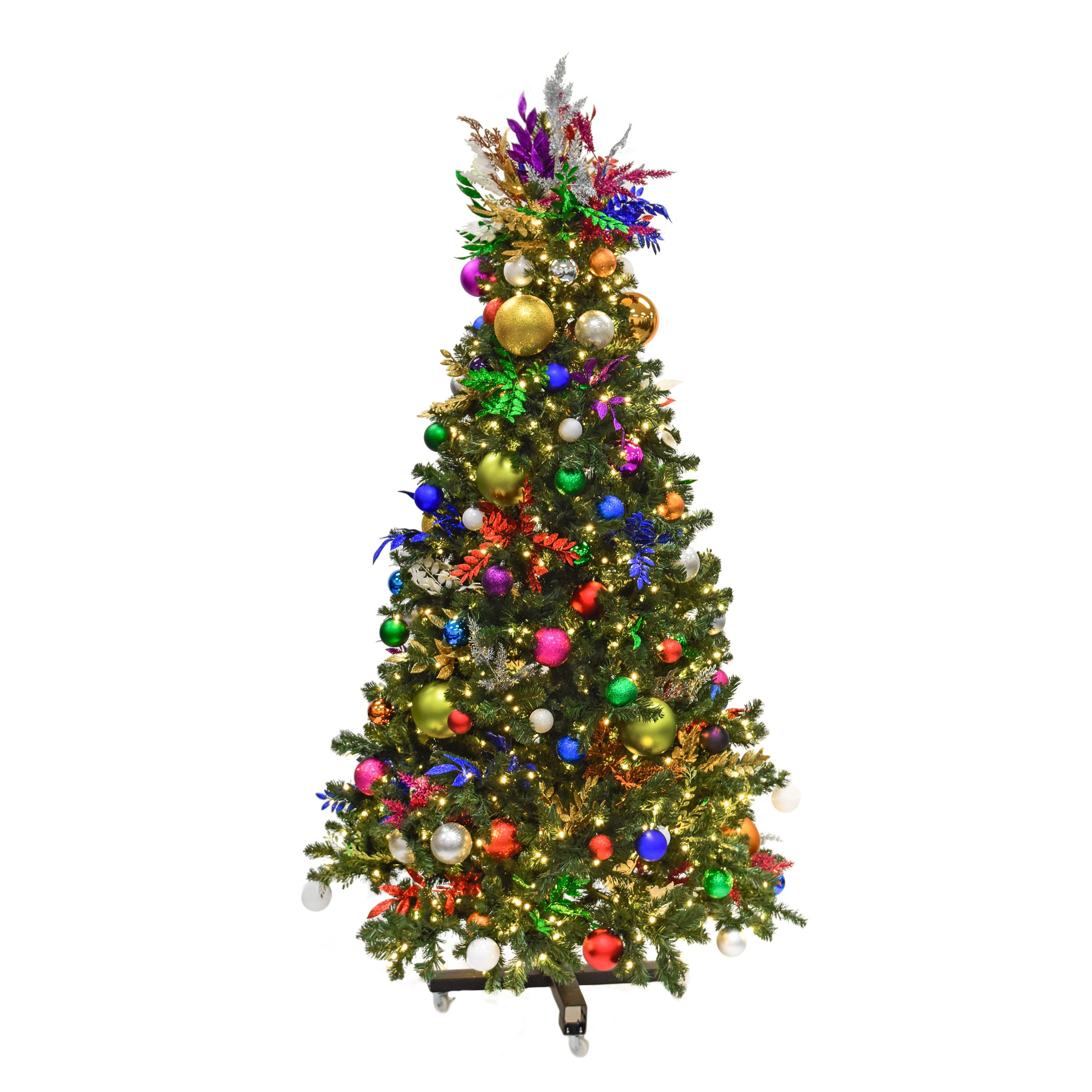 Multi-color pre-decorated Christmas tree, lights on 