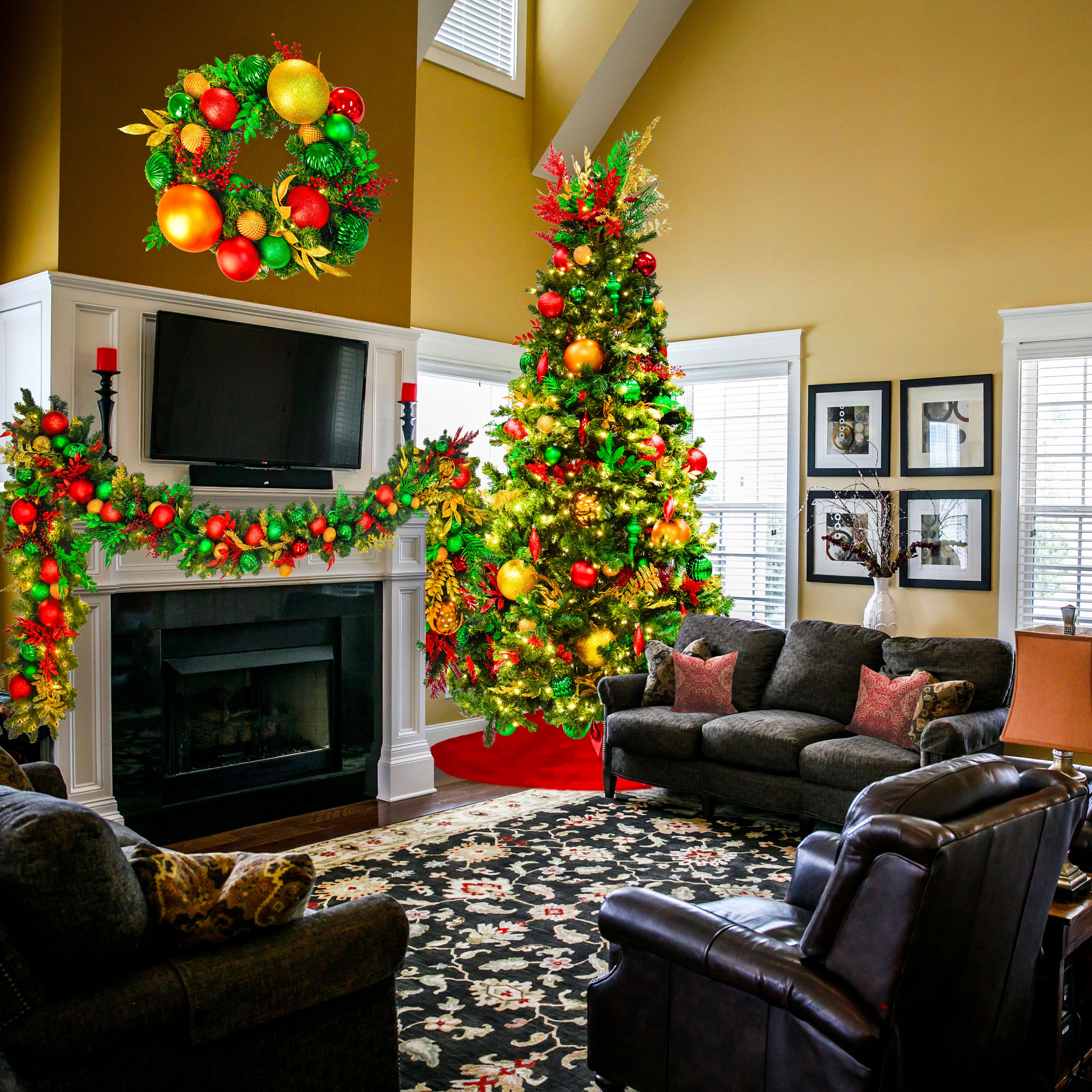 Gold, Green, & Red Christmas tree in living room