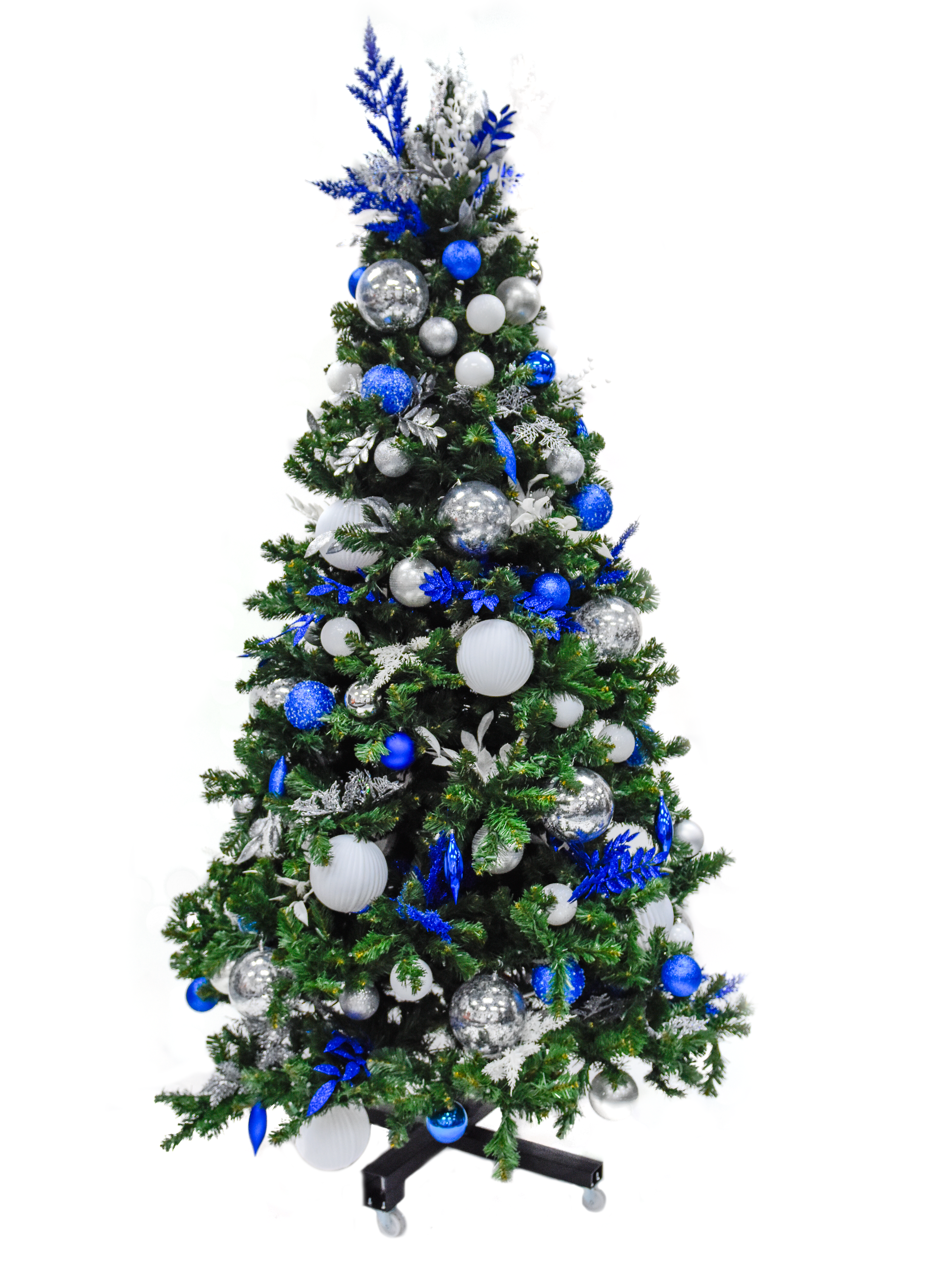 Blue, silver, and white Pre-Decorated Christmas tree, lights off