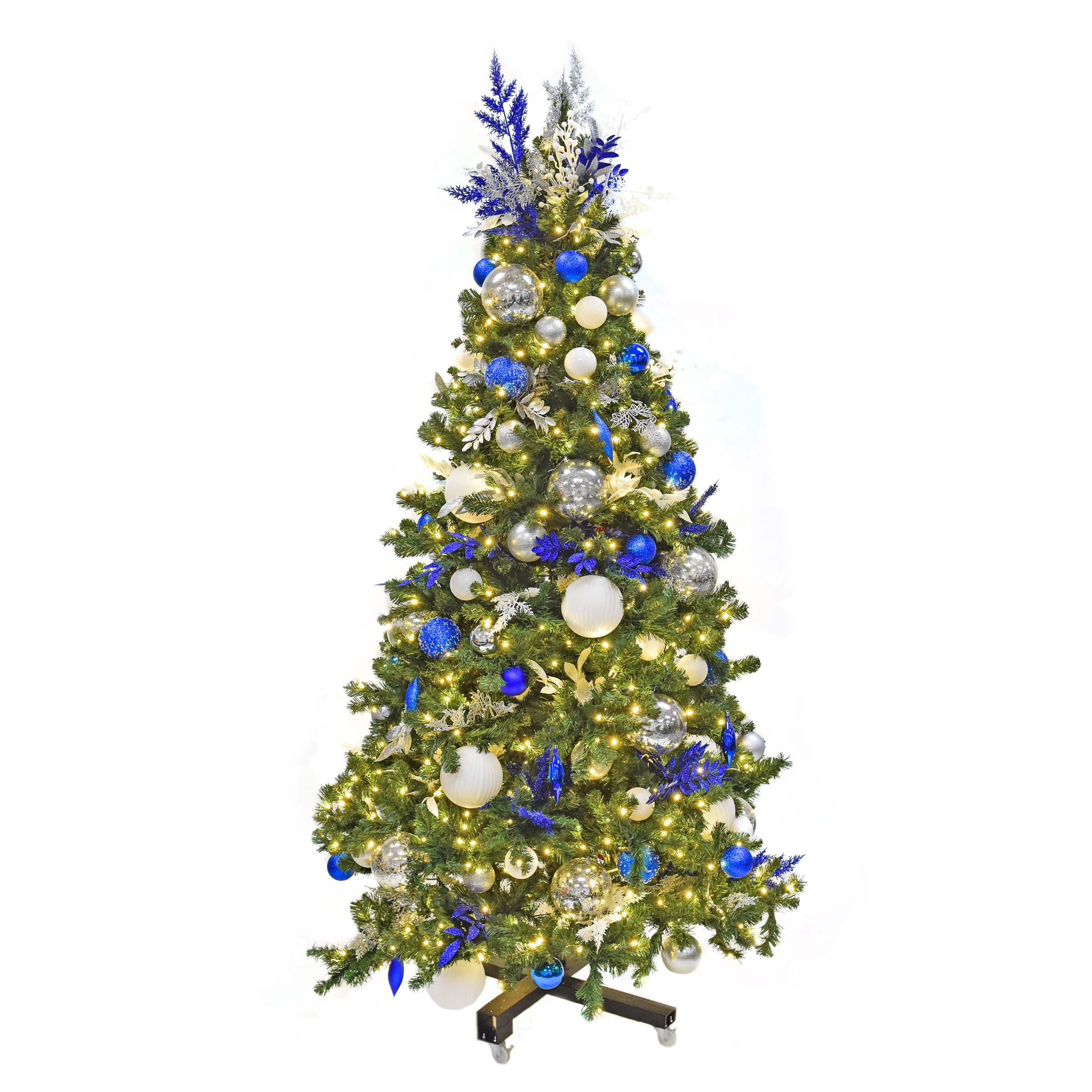 Blue, silver, and white Pre-Decorated Christmas tree, lights on