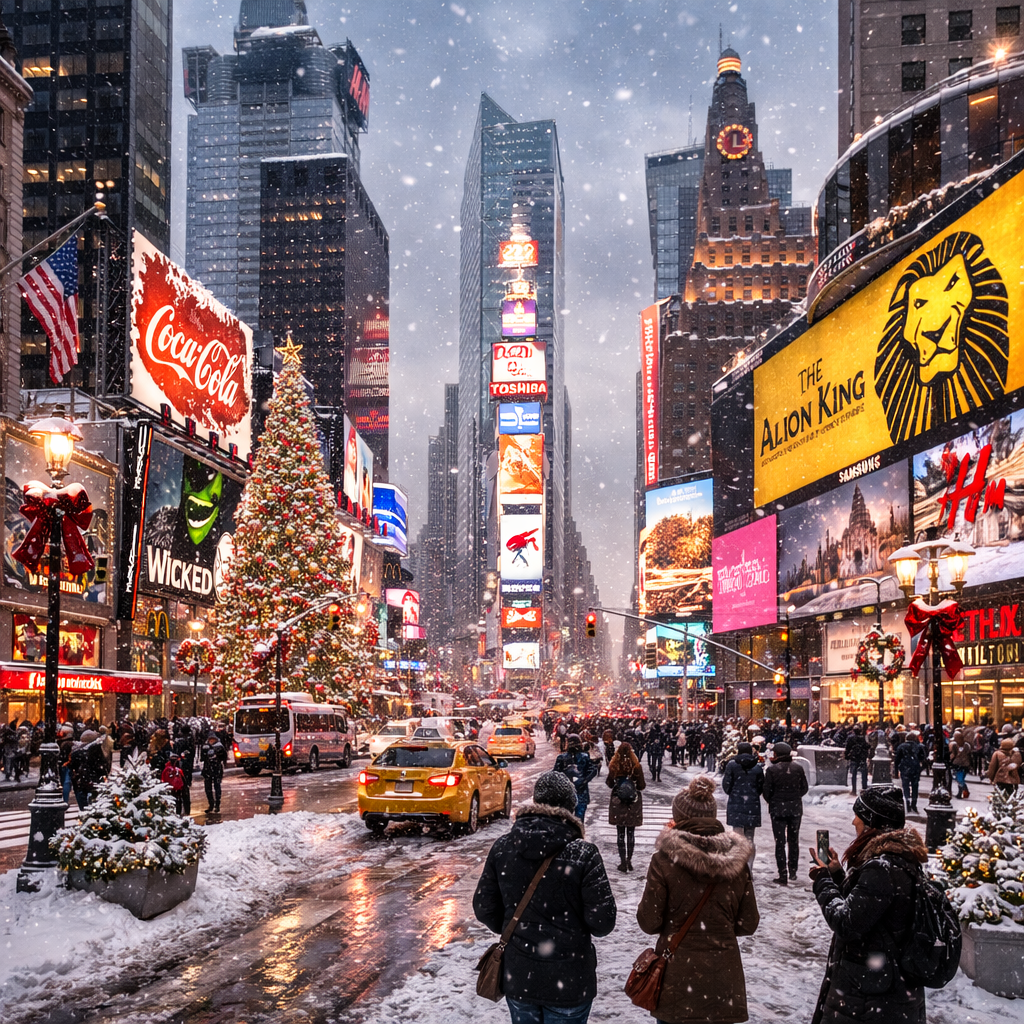 An AI generated image of Times Square in New York City at Christmastime