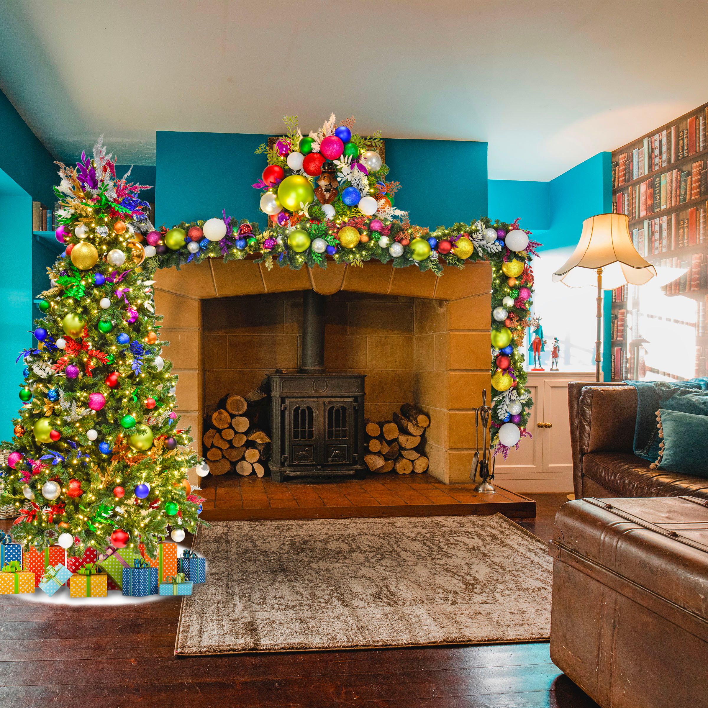 Multi-color Christmas tree in living room 