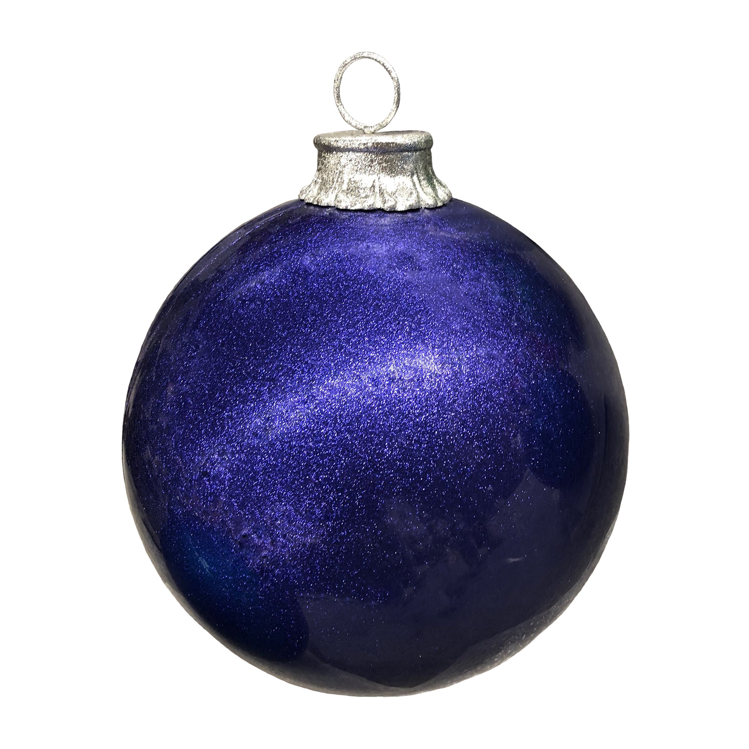 Oversized fiberglass ball ornament in navy glitter paint and silver cap