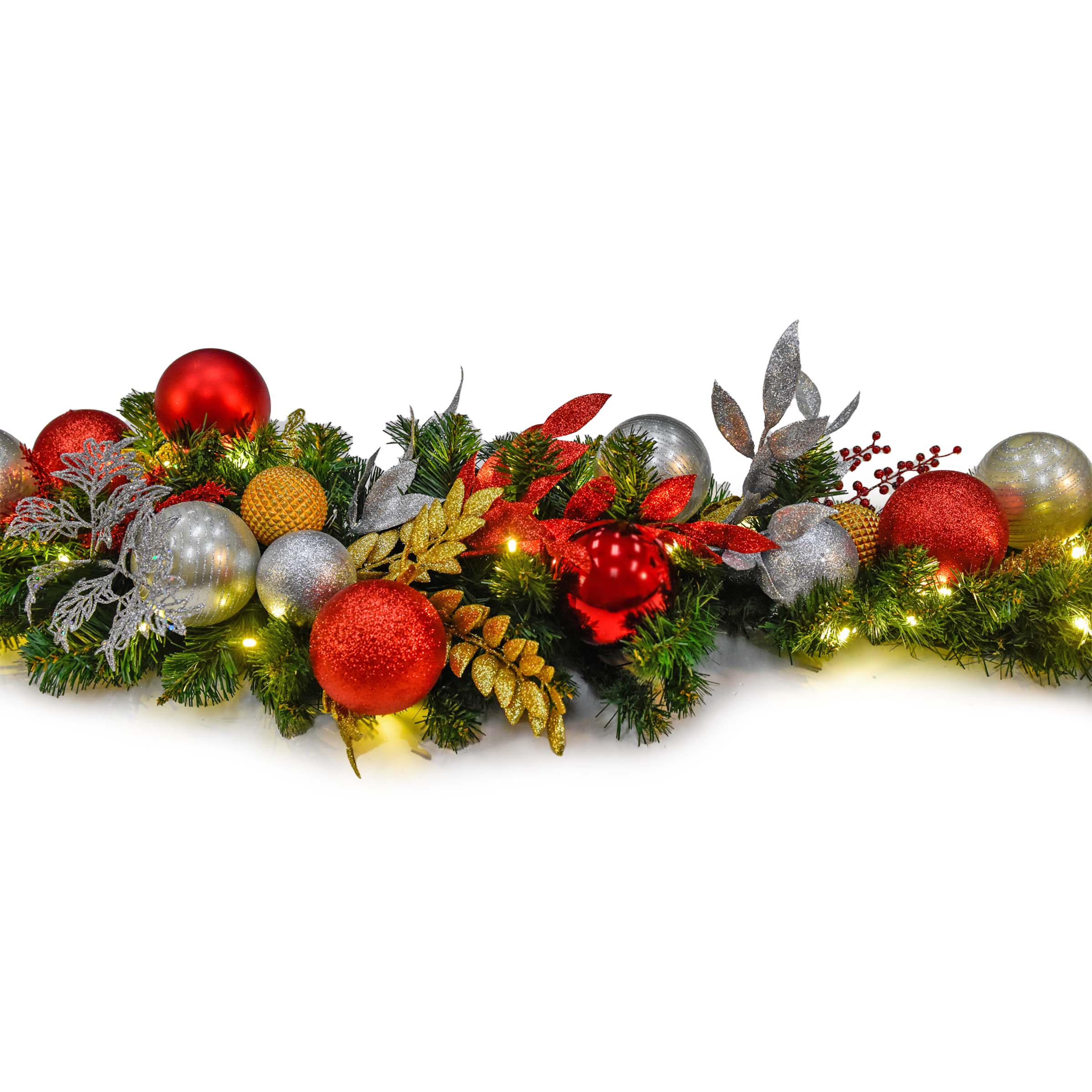 Gold, red, & silver pre-decorated Christmas garland, close