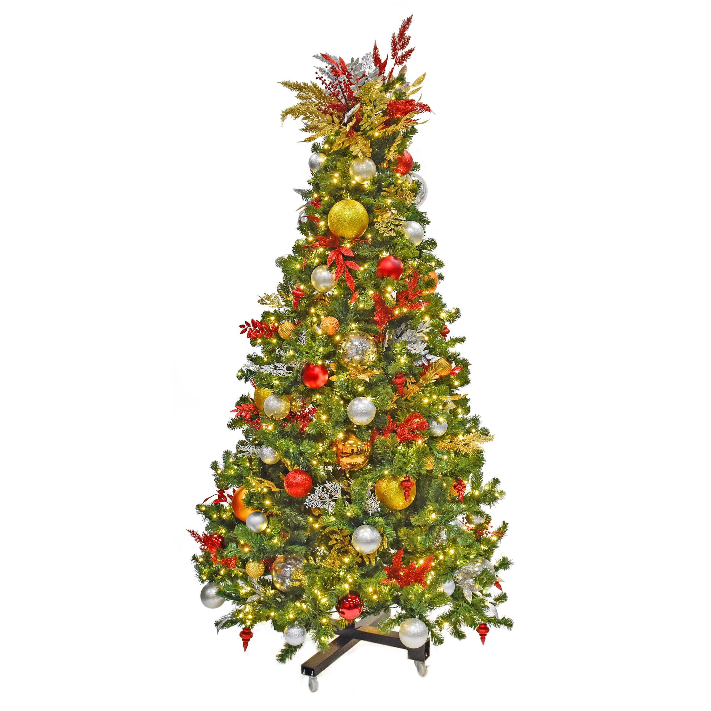 Gold, Red, & Silver Pre-Decorated Christmas Tree, lights on - Festive Favorites
