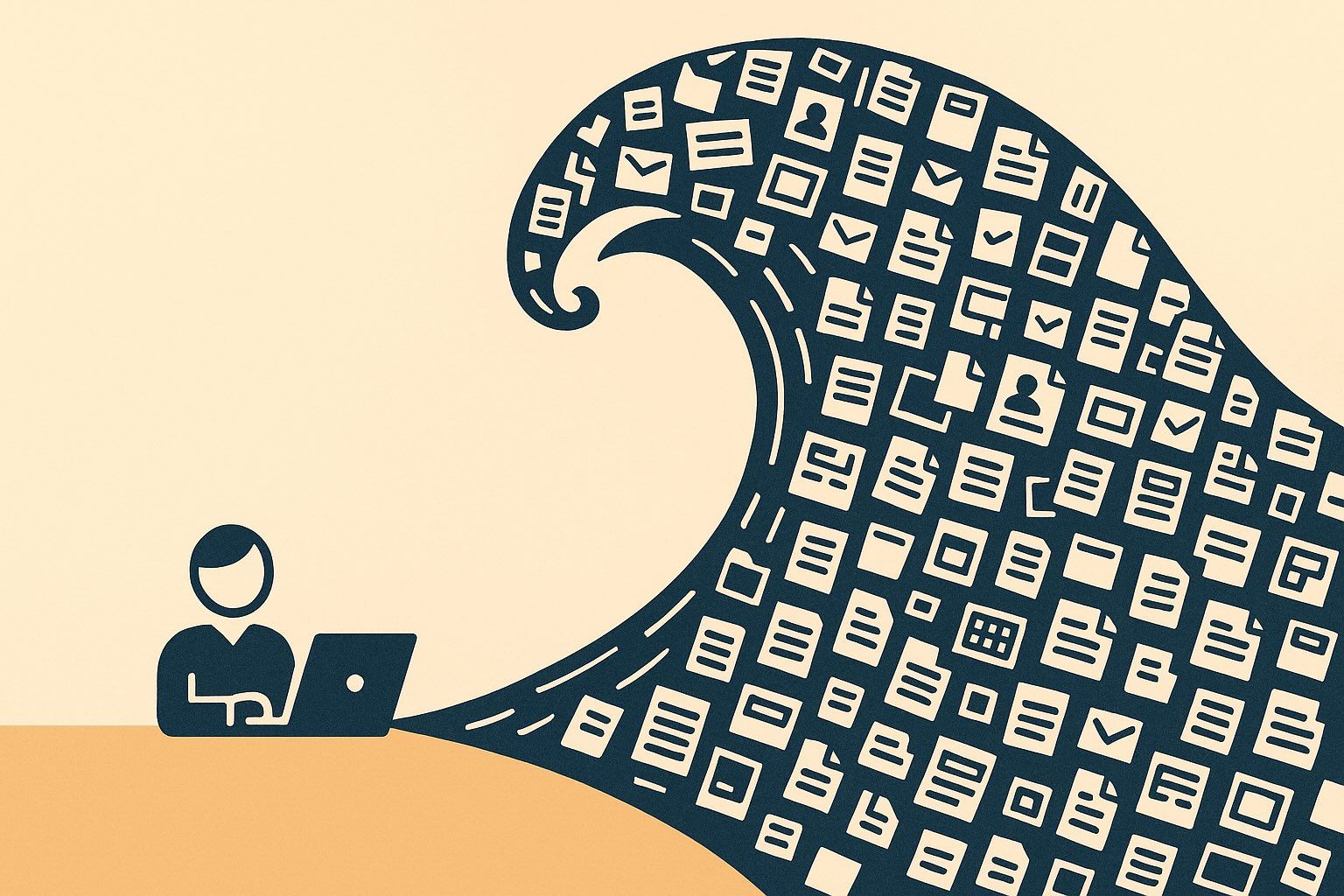 Flat illustration of a person at a laptop facing a huge cresting wave made entirely of document and file icons.