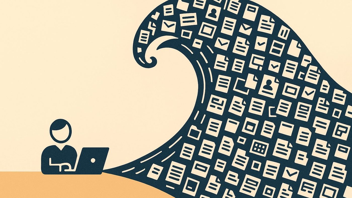 Flat illustration of a person at a laptop facing a huge cresting wave made entirely of document and file icons.