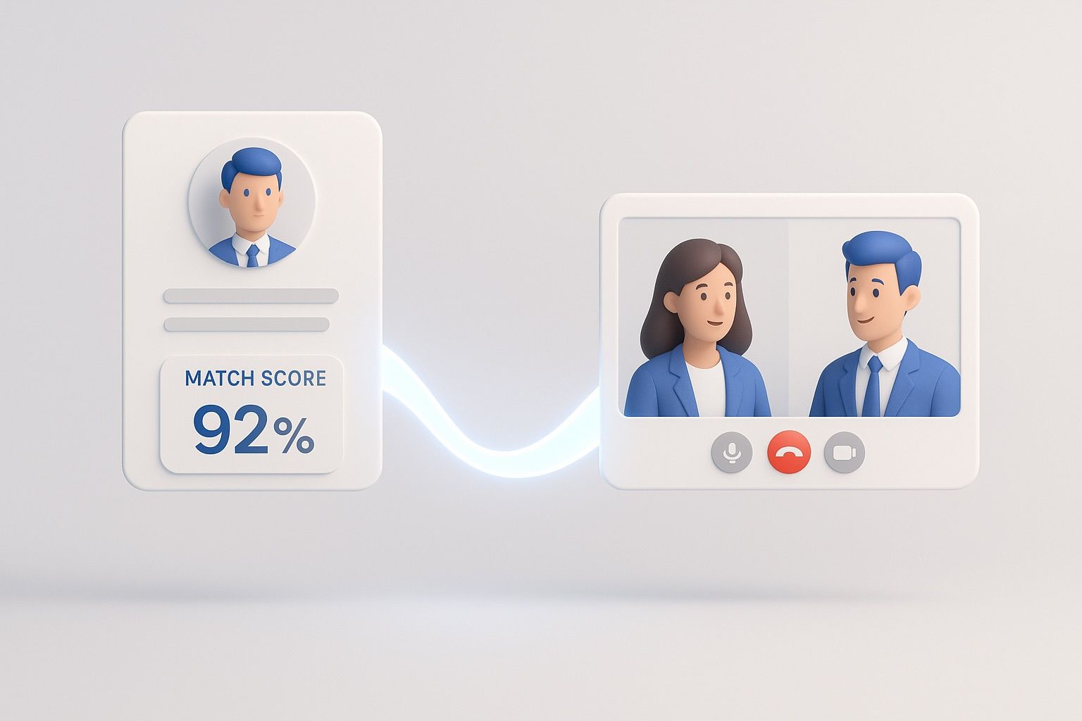 3D illustration of a candidate card showing a match score, connected by a ribbon of light to a two-person video call window.
