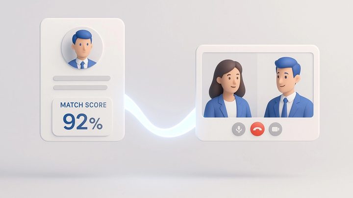 3D illustration of a candidate card showing a match score, connected by a ribbon of light to a two-person video call window.