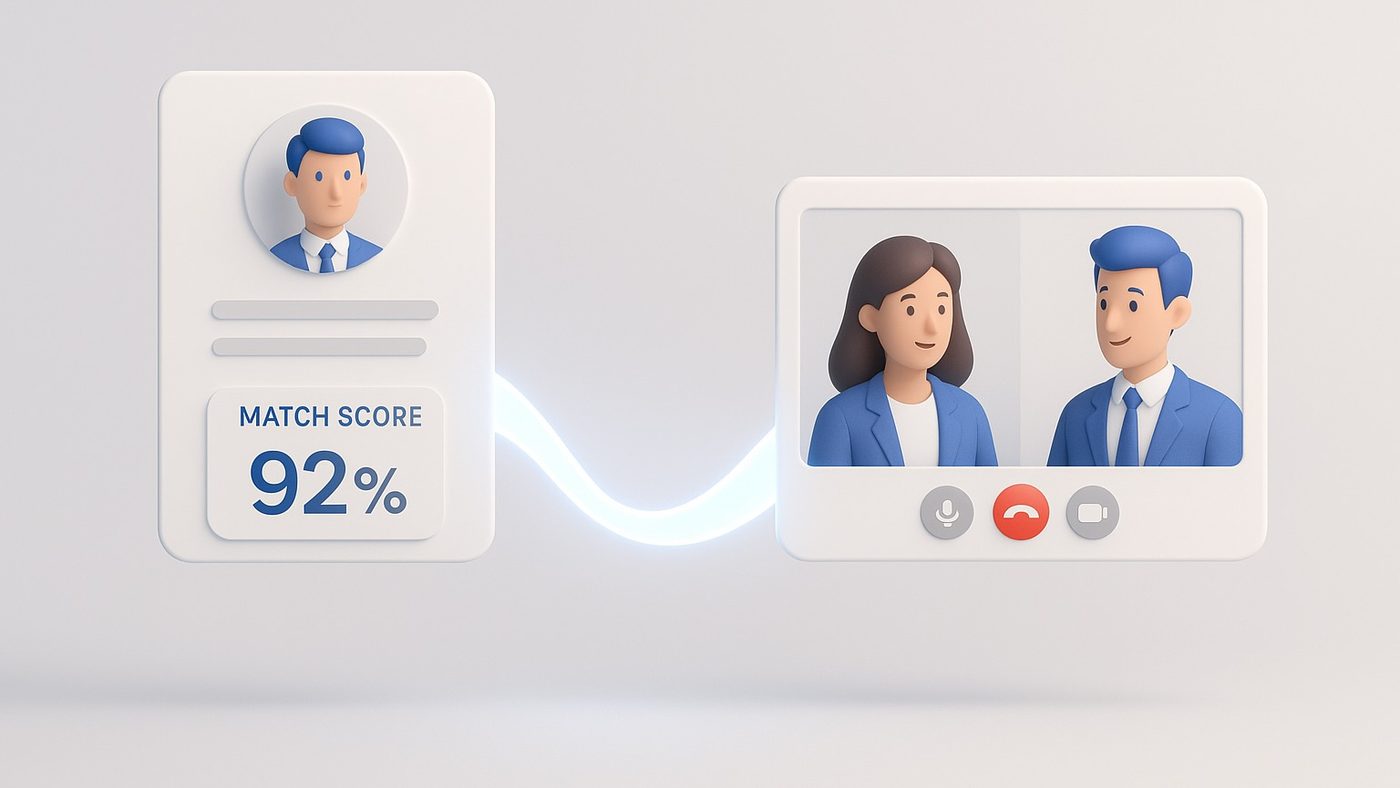 3D illustration of a candidate card showing a match score, connected by a ribbon of light to a two-person video call window.