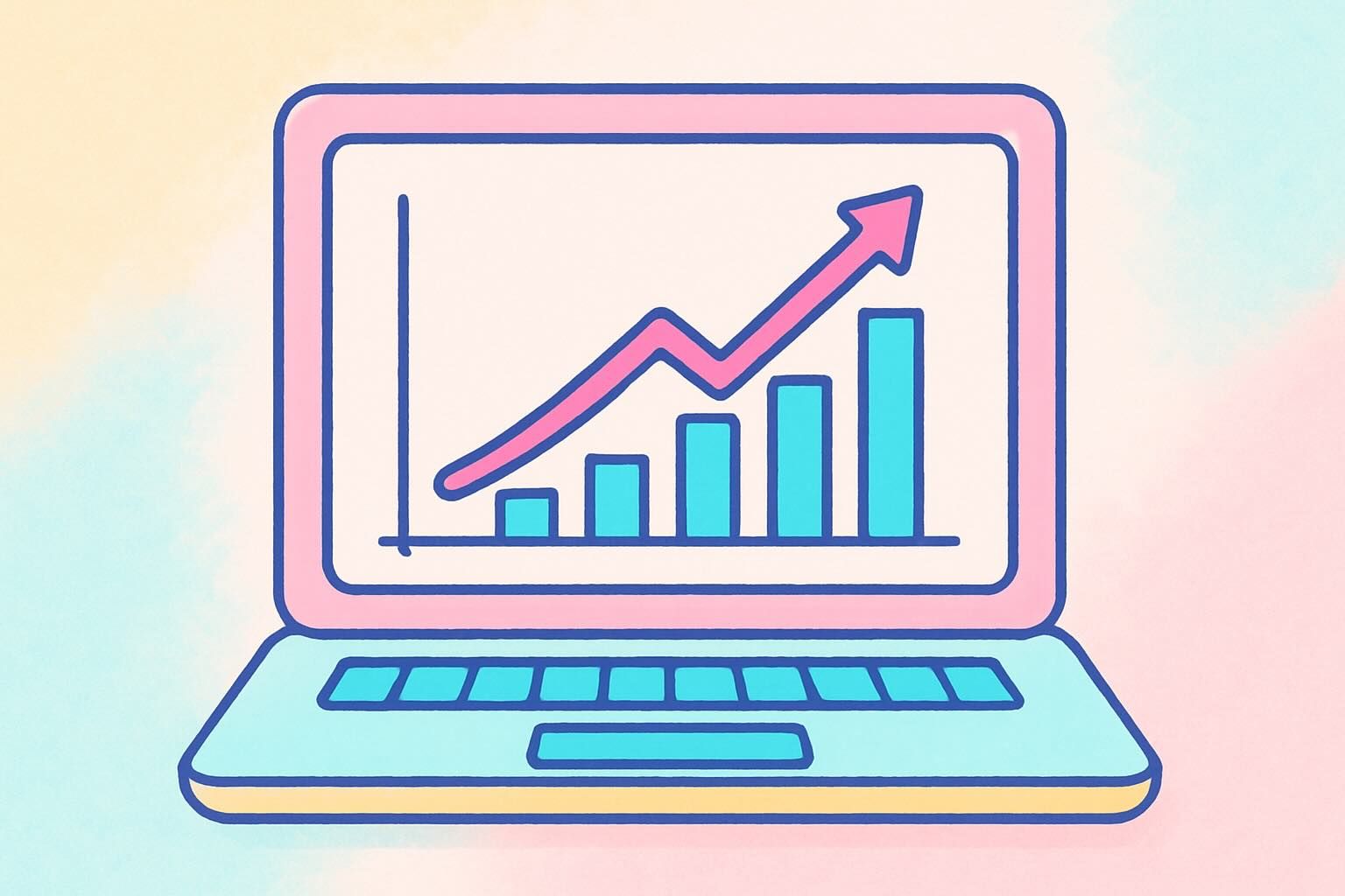 Pastel illustration of a laptop displaying a bar chart with an arrow trending upward.