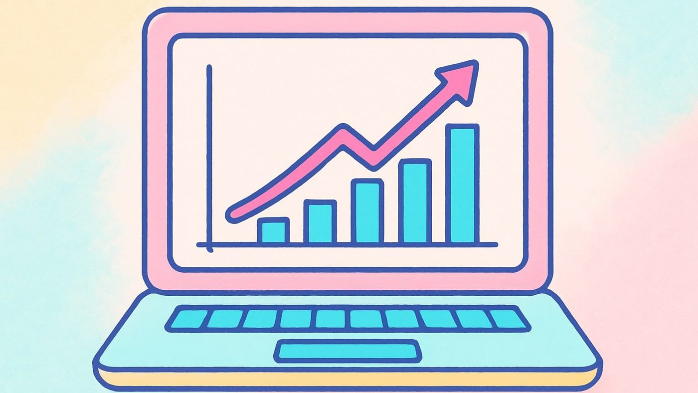 Pastel illustration of a laptop displaying a bar chart with an arrow trending upward.