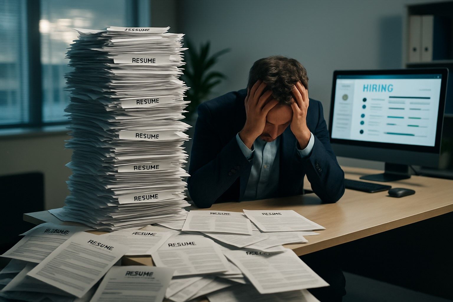 A recruiter at a desk with their head in their hands beside an enormous stack of printed resumes, with a hiring dashboard on the monitor behind.