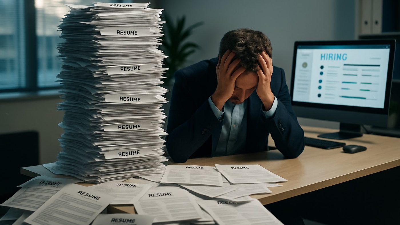 A recruiter at a desk with their head in their hands beside an enormous stack of printed resumes, with a hiring dashboard on the monitor behind.