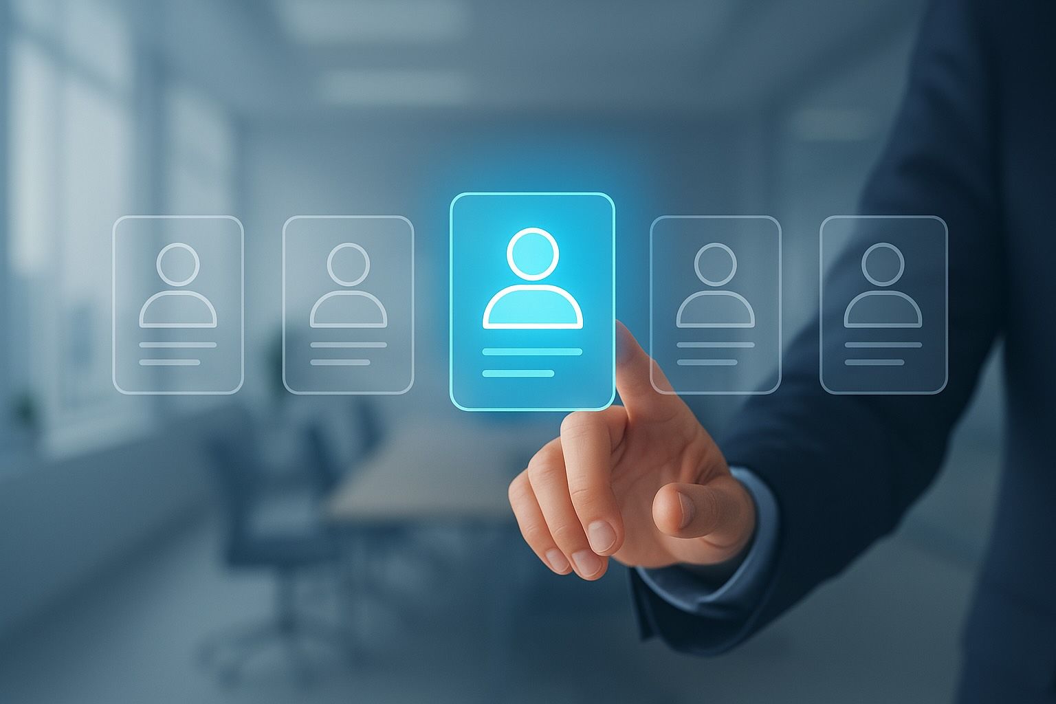 A hand selecting one of five translucent candidate cards on a screen, with the chosen card highlighted in blue.