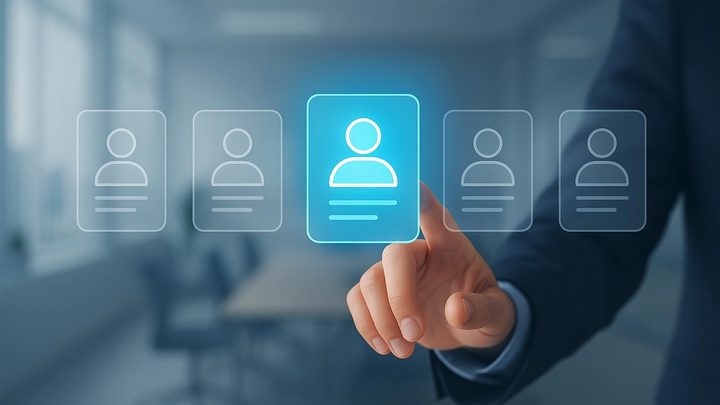 A hand selecting one of five translucent candidate cards on a screen, with the chosen card highlighted in blue.