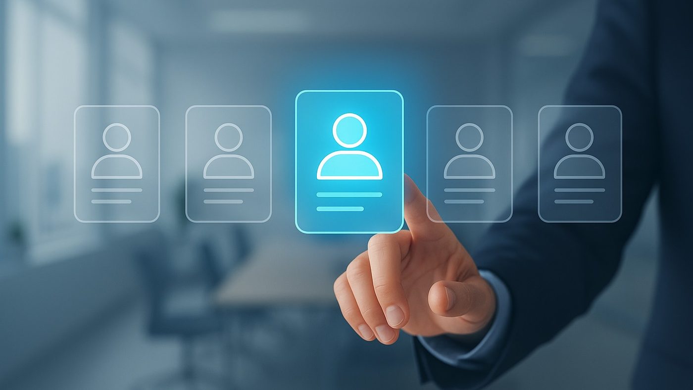 A hand selecting one of five translucent candidate cards on a screen, with the chosen card highlighted in blue.