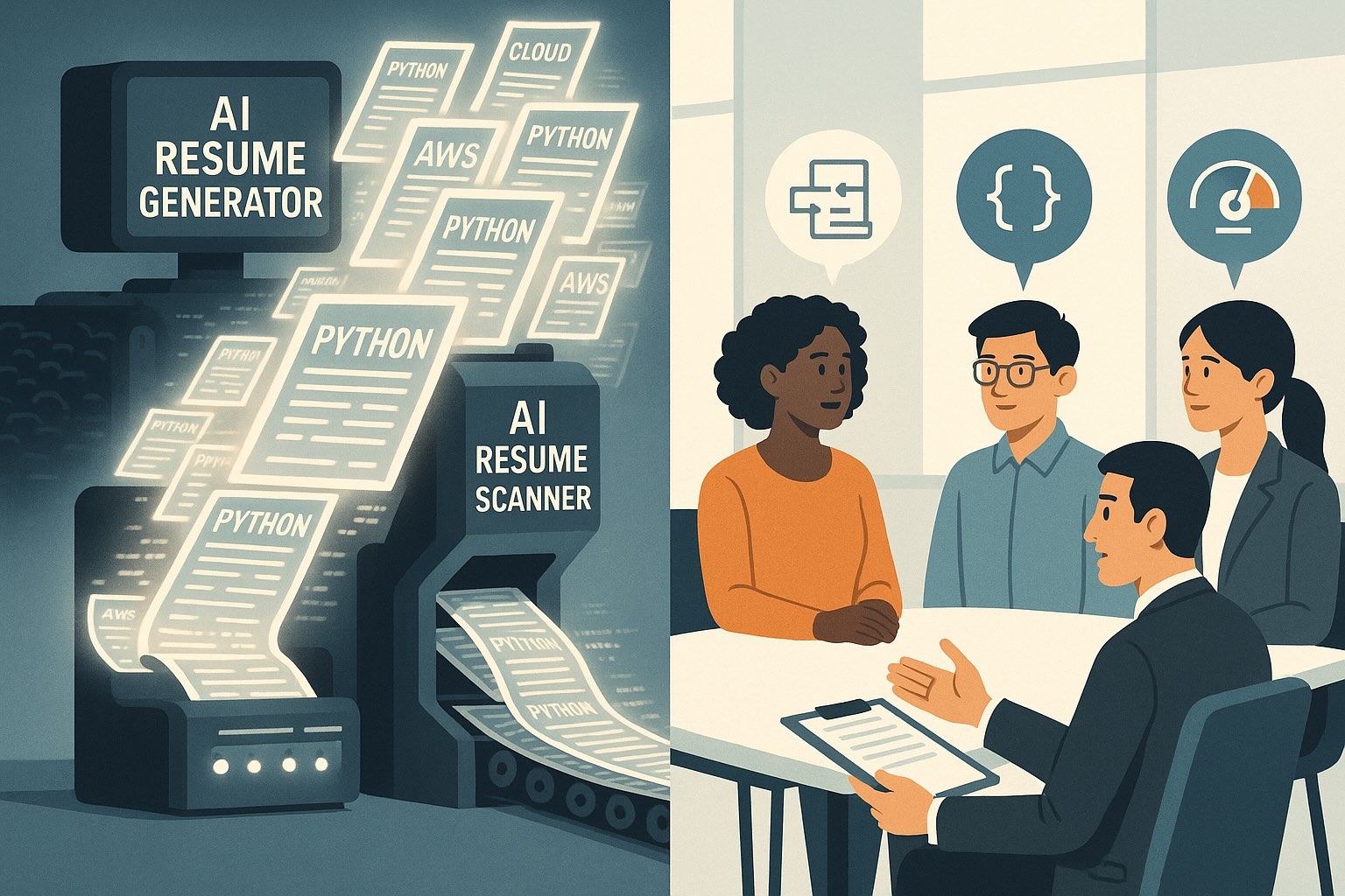 Split image: a machine labelled AI Resume Generator feeding keyword-covered pages straight into an AI Resume Scanner, beside a real conversation between four people.