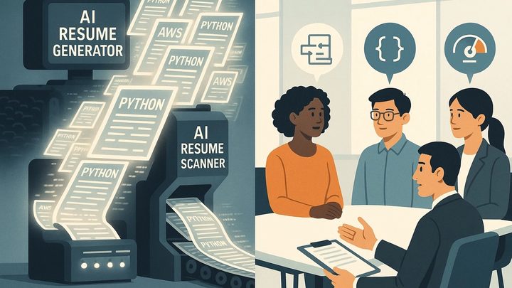 Split image: a machine labelled AI Resume Generator feeding keyword-covered pages straight into an AI Resume Scanner, beside a real conversation between four people.