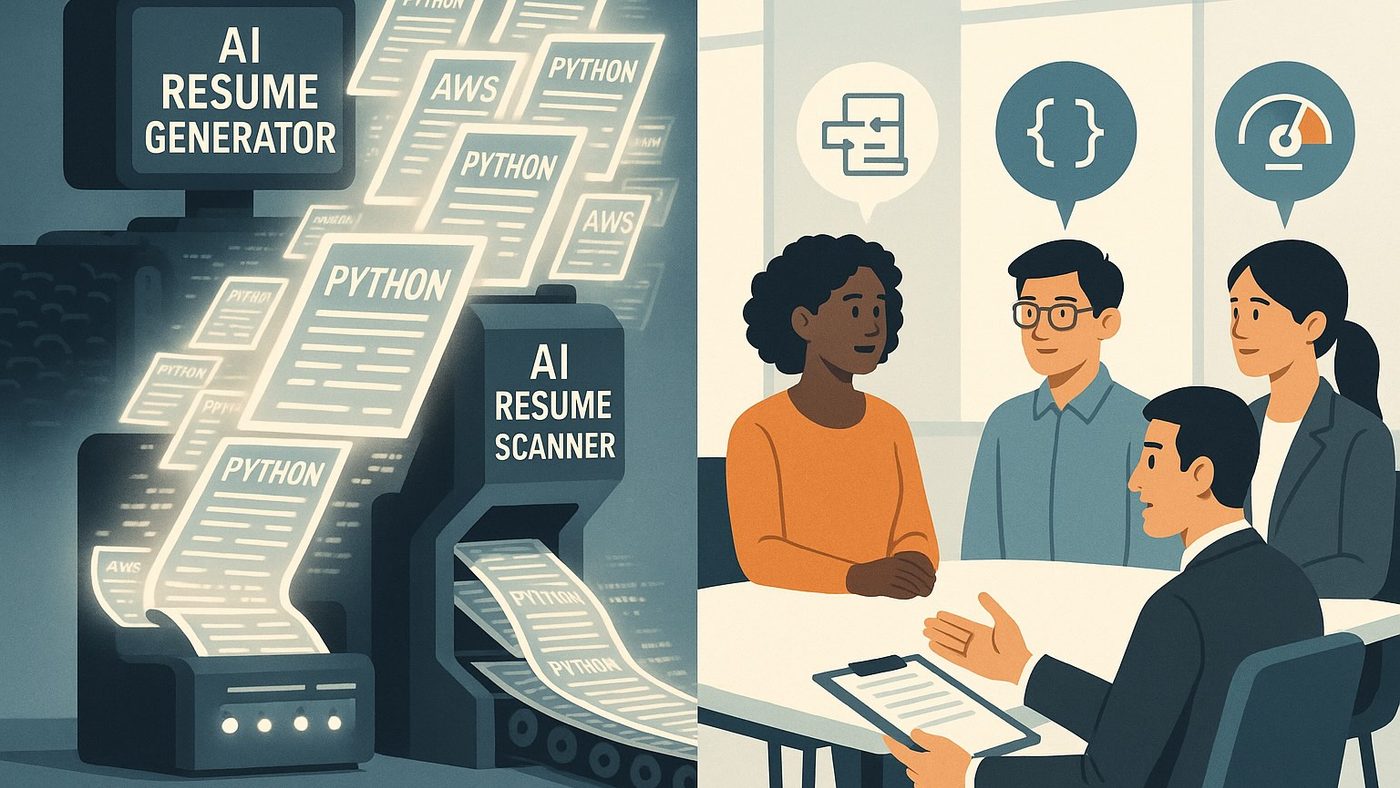 Split image: a machine labelled AI Resume Generator feeding keyword-covered pages straight into an AI Resume Scanner, beside a real conversation between four people.