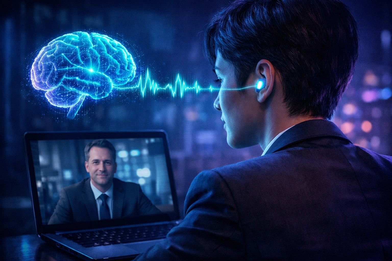 A candidate on a video interview wearing a glowing earbud, with a digital brain and audio waveform feeding into their ear from off screen.