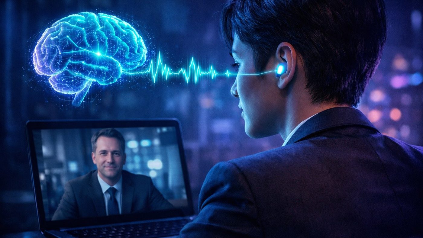 A candidate on a video interview wearing a glowing earbud, with a digital brain and audio waveform feeding into their ear from off screen.