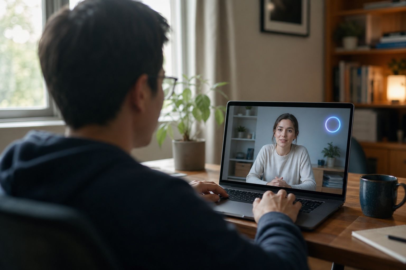 Over-the-shoulder view of a candidate at a laptop in a home office taking a video interview, with a glowing ring indicator beside the interviewer's video.