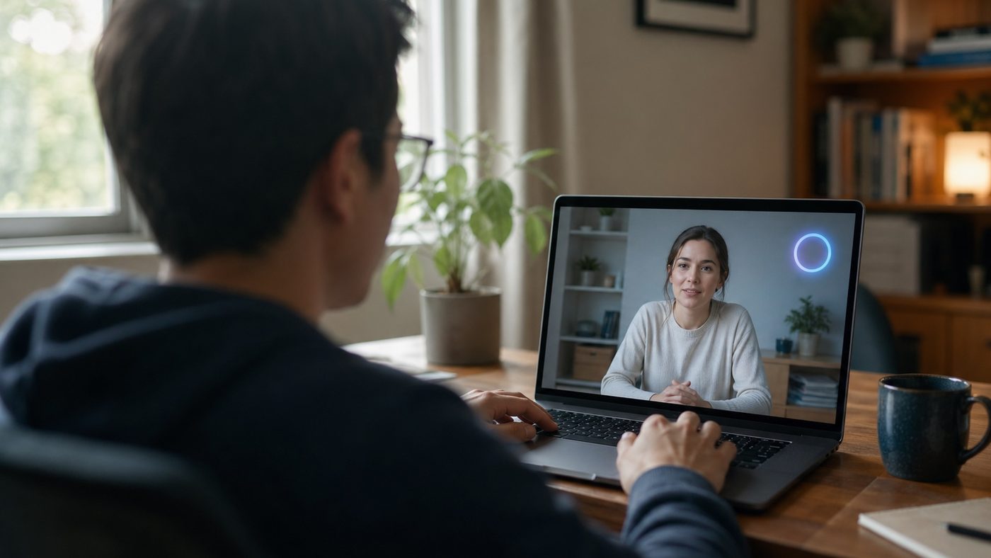 Over-the-shoulder view of a candidate at a laptop in a home office taking a video interview, with a glowing ring indicator beside the interviewer's video.