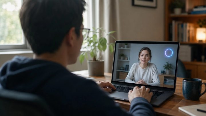 Over-the-shoulder view of a candidate at a laptop in a home office taking a video interview, with a glowing ring indicator beside the interviewer's video.