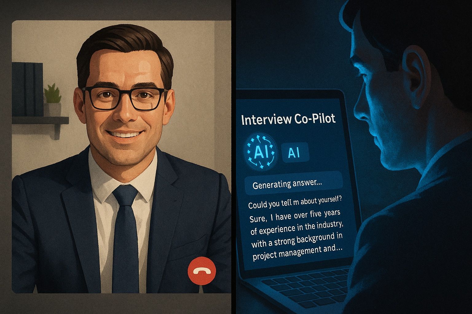 Split image: a polished candidate smiling on a video call, and behind the scenes a silhouetted figure reading an answer generated by an Interview Co-Pilot app.