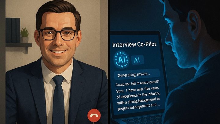 Split image: a polished candidate smiling on a video call, and behind the scenes a silhouetted figure reading an answer generated by an Interview Co-Pilot app.