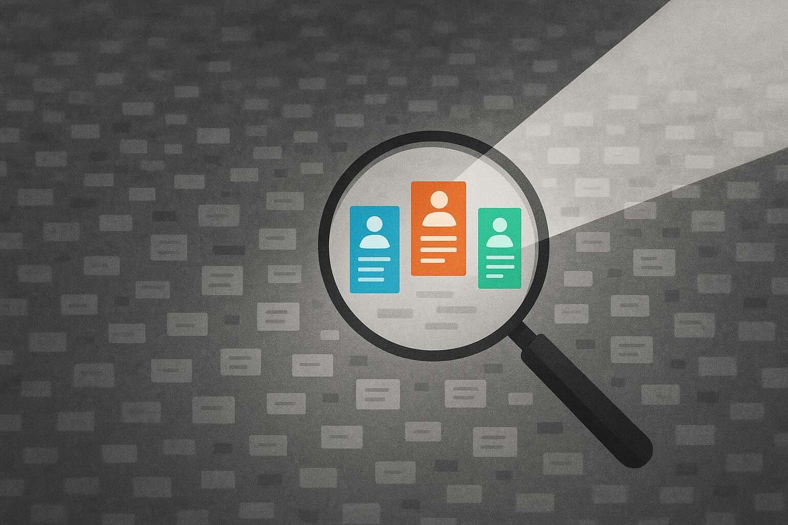 A magnifying glass held over a grey field of indistinct resumes, bringing three coloured candidate profiles into focus.