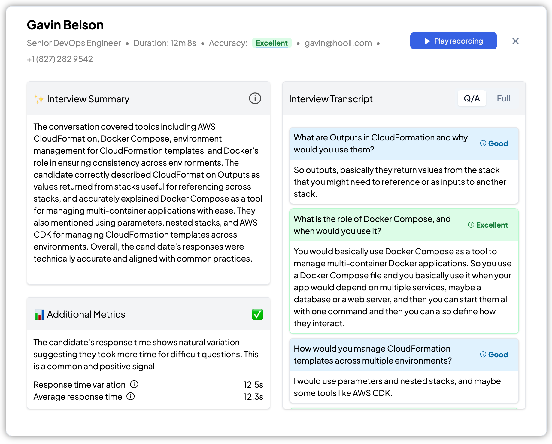 An EvoHire interview report showing an accuracy grade of Excellent, a written summary, a graded question-by-question transcript, and response-time metrics.