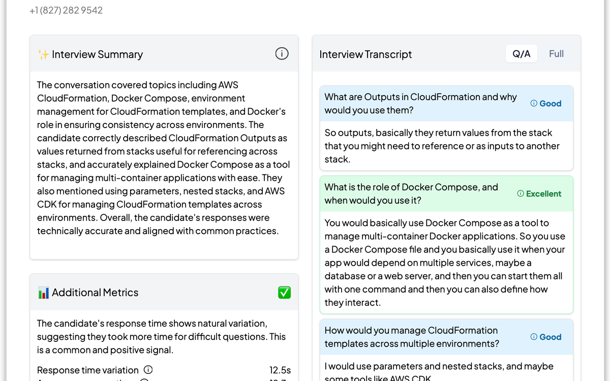 An EvoHire interview report showing an accuracy grade of Excellent, a written summary, a graded question-by-question transcript, and response-time metrics.