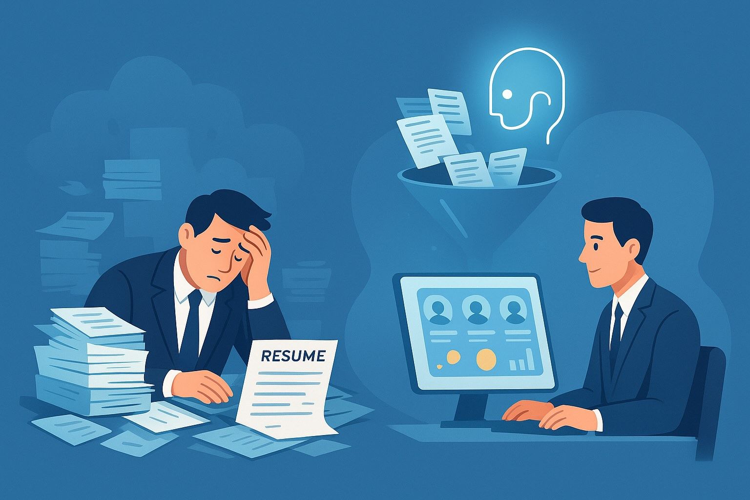 Two recruiters side by side: one overwhelmed by a pile of paper resumes, the other reviewing a shortlist on screen as a funnel filters applications above.