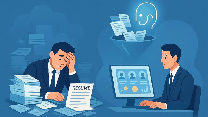 Two recruiters side by side: one overwhelmed by a pile of paper resumes, the other reviewing a shortlist on screen as a funnel filters applications above.
